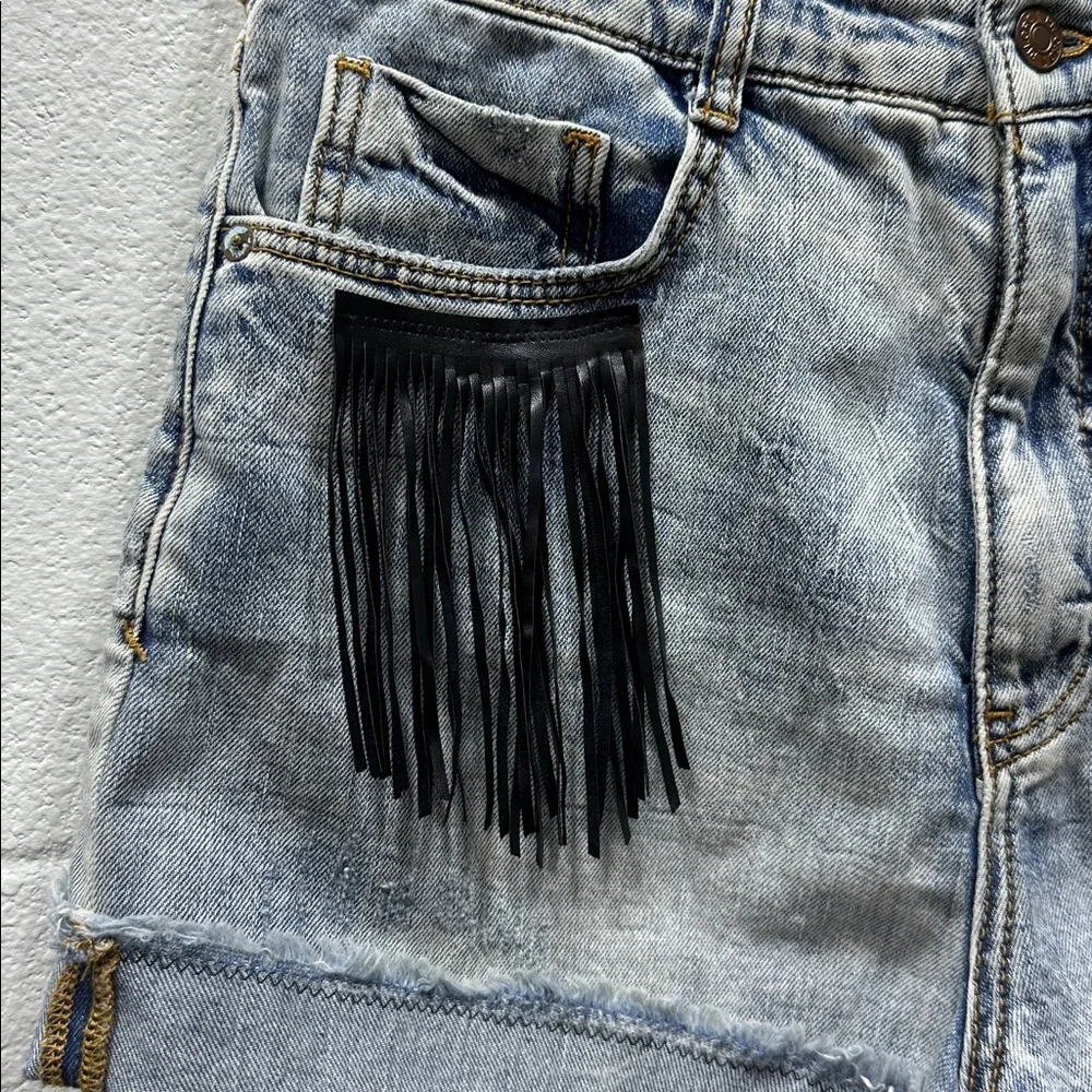 Pilcro by Anthropologie Jean Boho Fringe Denim Shorts w/ Red Bandana Detail - Picture 5 of 8